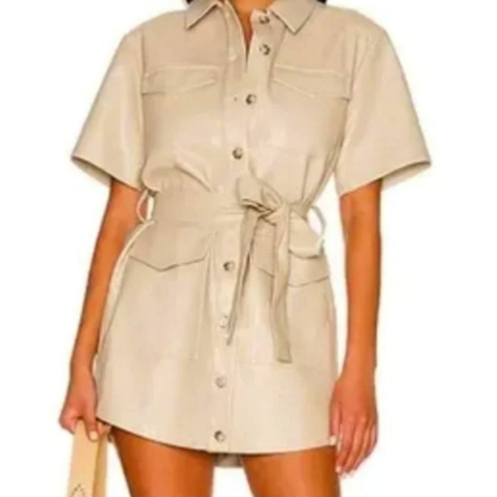 House Of Harlow Beige Short Sleeve Belted Shirt Dress